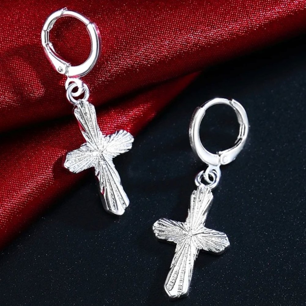 Gorgeous Sunburst Cross Hanging Earring's 925 Solid Sterling Silver